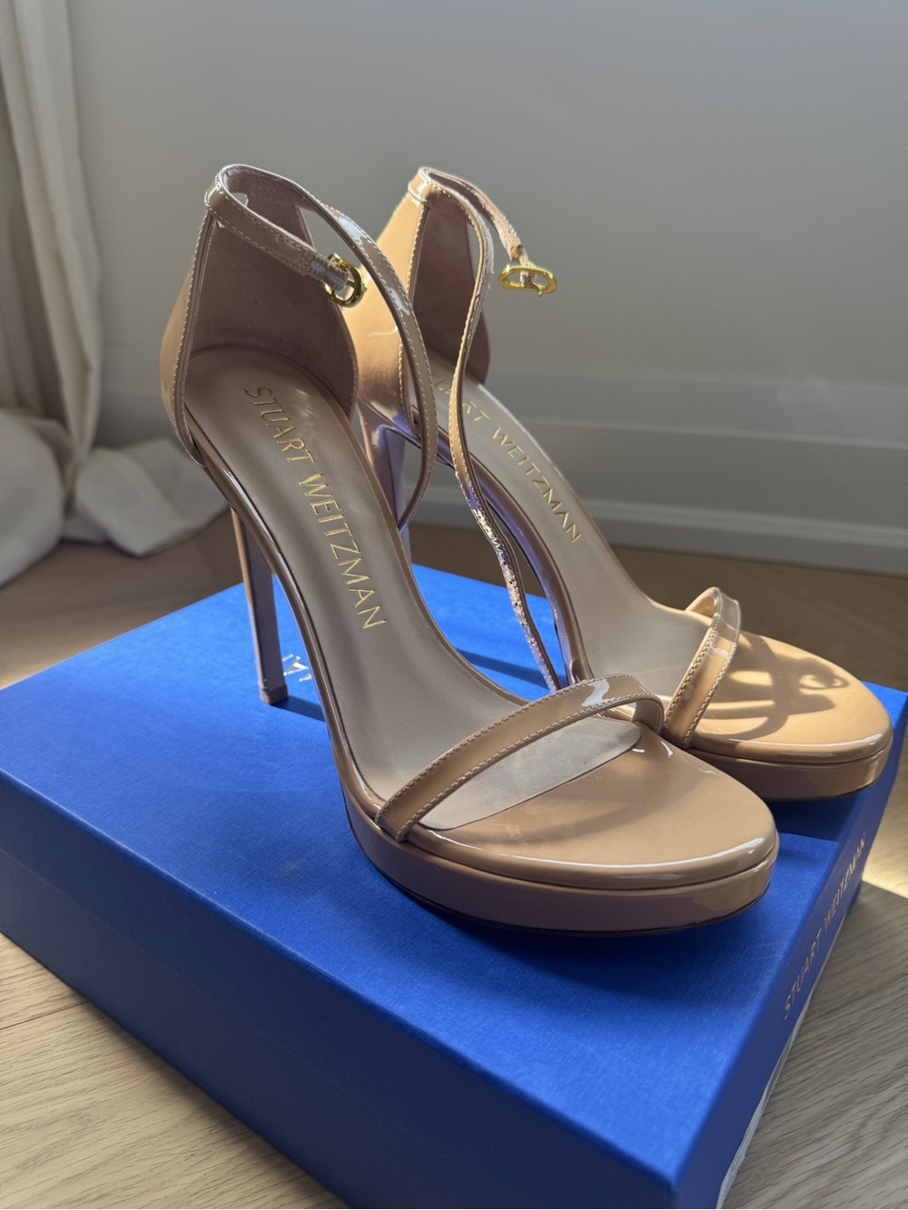 Stuart Weitzman Beige Patent Leather Ankle-Strap Platform Heels